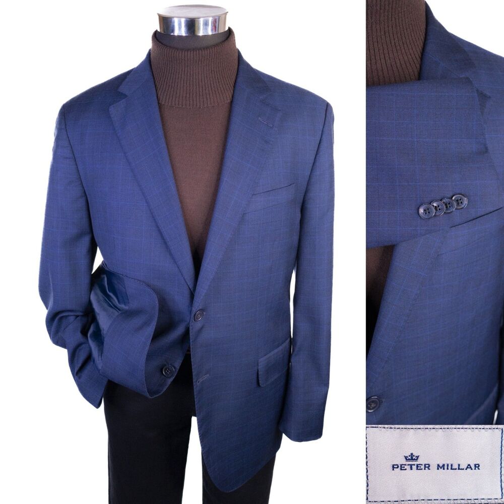Peter Millar Men’s 44R Blue Plaid Wool Sport Coat Blazer Union Made Canada